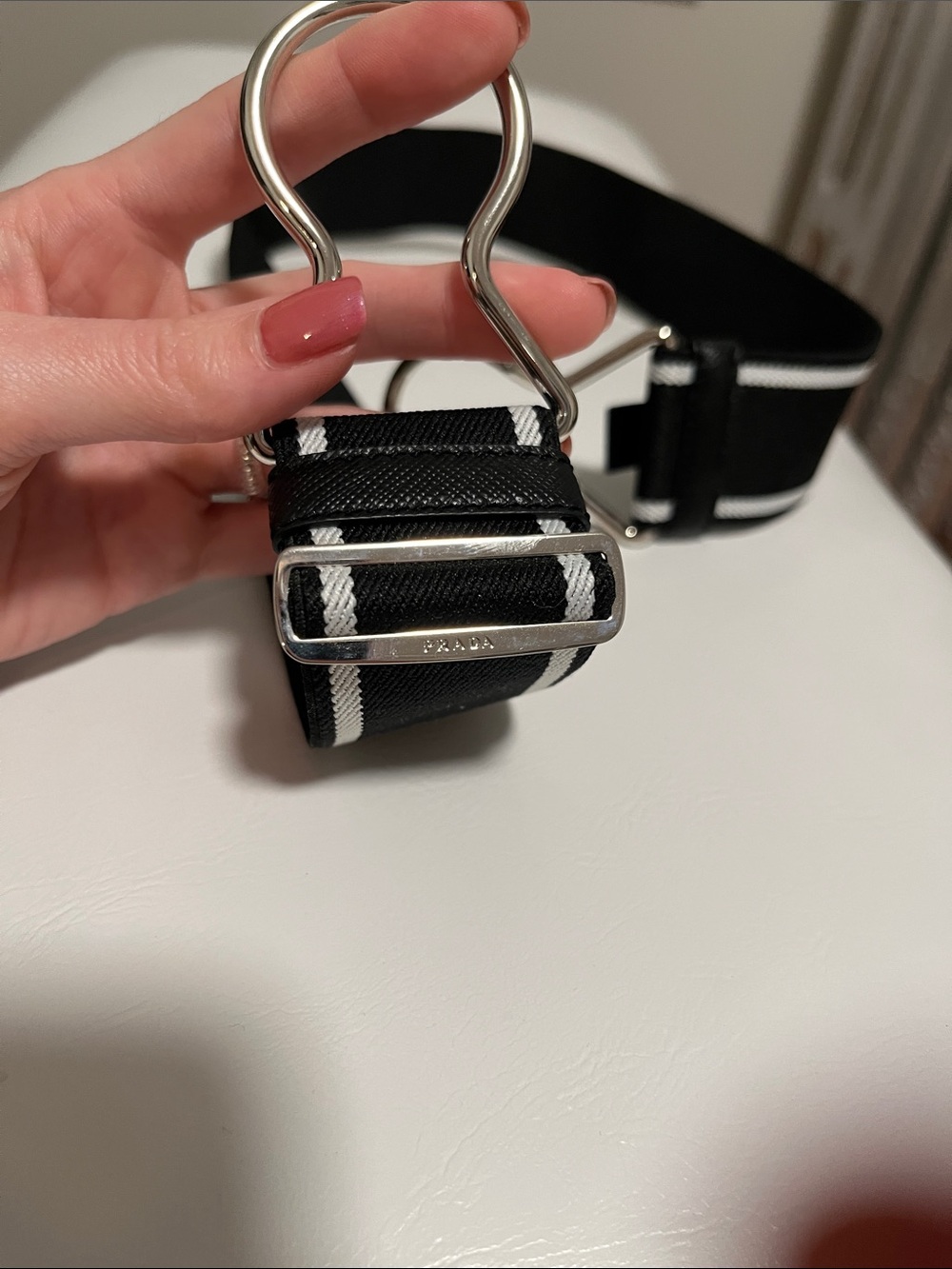 PRADA Black Elastic Belt with Silver Interlocking Buckle - Picture 2 of 2
